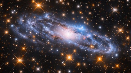 Obraz premium Colorful nebula with swirling gases and stars illuminated in the night sky above dark cosmic background
