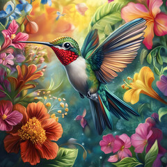 A vibrant hummingbird surrounded by colorful flowers in a lush garden.