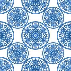 blue and white round mandala ethnic floral motif seamless pattern for tile, textile and wallpaper