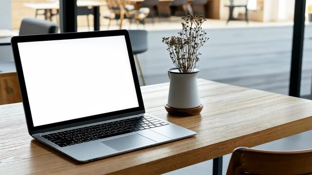 A laptop is open on a wooden table with a white vase of flowers next to it