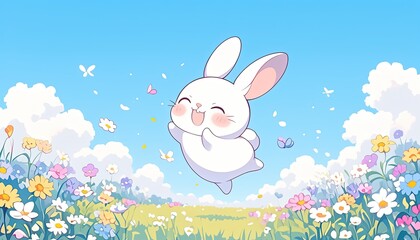 Rabbit jumping in flower field, blue sky background; great for children's books