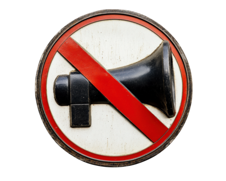 No honking sign with red slash over horn, promoting silence and peace. This sign emphasizes importance of noise control in public spaces