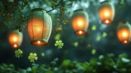 Obraz premium Lanterns glowing among green leaves in a serene outdoor setting at dusk