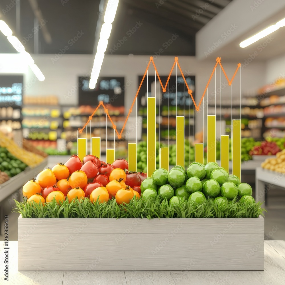 Poster a small grocery store displaying a chart of price changes for fresh produce.