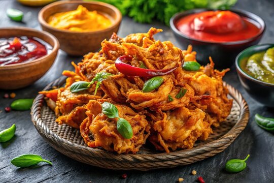 Delicious Indian Street Food - Onion Bhaji with Chutney