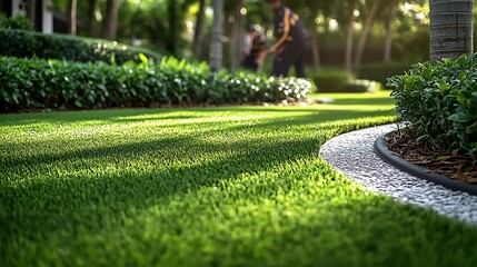 A gardener in uniform carefully edging a lush lawn with a professional-grade trimmer, ensuring a sharp and clean border between the grass and the garden path, perfection in every detail. --ar 16:9