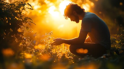 A gardener kneeling in a lush garden at sunrise, gently touching dew-covered leaves, golden morning light streaming through misty air, creating a serene and magical atmosphere. --ar 16:9