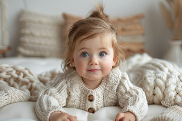 Fototapeta premium Baby in Cozy Knit Sweater on Soft, Neutral Background