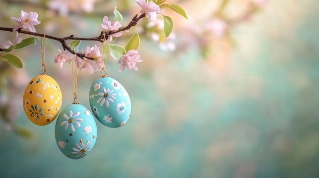 Spring celebration with pastel colored eggs hanging from tree branches in a blossoming garden