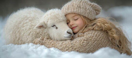 Girl tenderly embraces a fluffy white lamb in snowy winter landscape.
