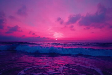 Pink sunset over ocean waves; tranquil scene, relaxing background for travel posters