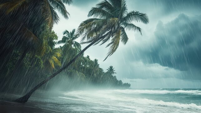 Tropical beach scene engulfed by heavy rainfall with palm trees