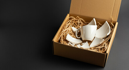 Broken white ceramic cup and saucer pieces in a cardboard box with packing material