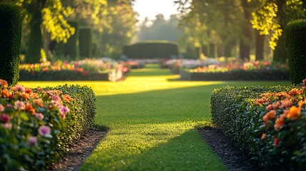 Obraz premium A neatly manicured hedge being trimmed by a landscaper, vibrant flower beds and a pristine lawn in the background, the atmosphere calm and orderly, with freshly cut clippings on the ground. --ar 16:9