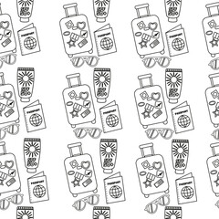 Seamless pattern of travel suitcase, sunglasses, sunscreen, luggage outline