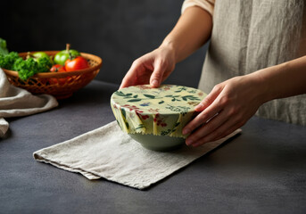 Reusable beeswax wrap covering food bowl