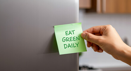 Reminder to eat healthy with a green sticky note on a refrigerator in a modern kitchen