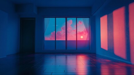 Vibrant sunset illuminates a modern room with floor-to-ceiling windows and blue ambiance