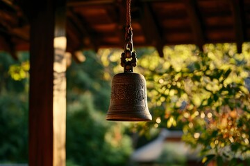 Obraz premium Bell hangs in a temple. Nature provides a beautiful, meditative backdrop