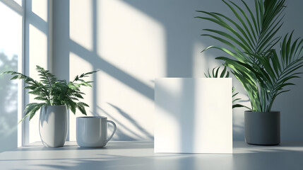 A vertical, blank white postcard sits on the table in front of an open window
