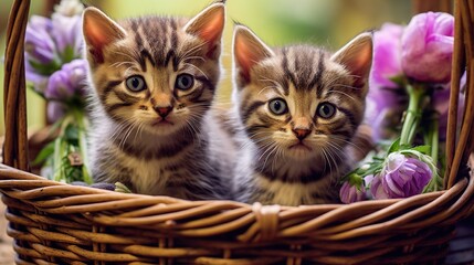 Adorable Kittens in a Basket Surrounded by Colorful Flowers