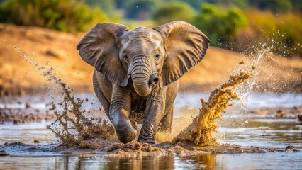 Fototapeta premium Elephant splashing water while running through river in sunset light