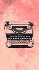 A vintage typewriter is depicted against a soft watercolor background