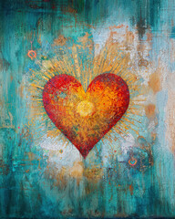 painting of a red heart with a radiating sun inside, cracked paint, grunge texture, teal and light blue painted background