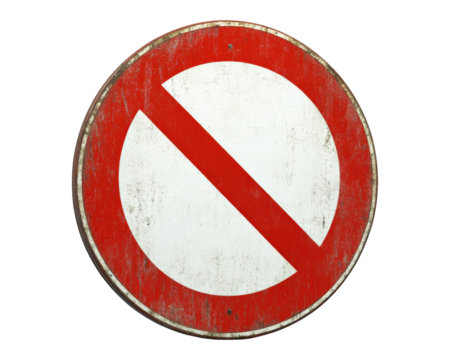 Red and white no entry sign with weathered appearance, indicating restriction and caution. This sign is essential for traffic control and safety