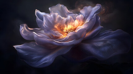 celestial flower with translucent petals glowing softly in dark