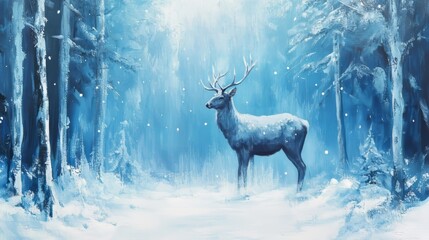 Deer standing in a snowy forest landscape with soft blue hues and gentle snowfall during winter season