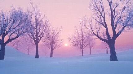 Peaceful winter sunset showcases silhouettes of leafless trees against a pastel sky