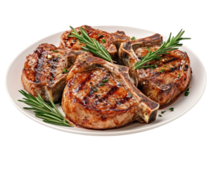 Grilled pork chops garnished with rosemary and garlic on white plate, showcasing delicious and appetizing meal. Perfect for meat lovers and culinary enthusiasts
