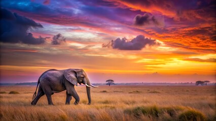 Fototapeta premium Majestic Elephant Walking Through Golden Grassland at Sunset