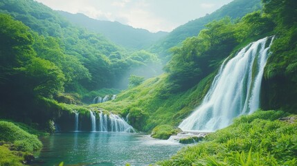 Breathtaking waterfalls cascade down lush green hills in a serene landscape