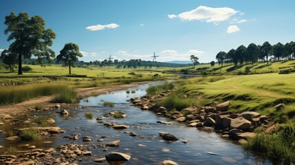 Calm River Flowing Through Lush Green Fields under Blue Sky