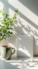 A vertical, blank white postcard sits on the table in front of an open window
