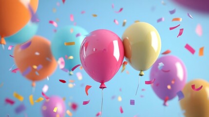 Colorful balloons with confetti in a festive celebration backdrop during a joyful event