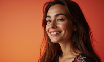 Smiling woman with long hair against orange backdrop