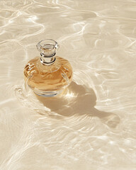 Elegant glass perfume bottle reflecting light in water