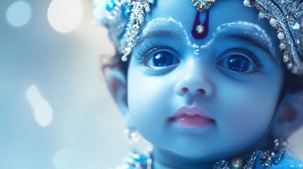Celebration of childhood and divinity captured in a serene blue setting with intricate decorations and vibrant expression