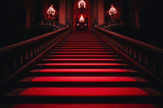 Dramatic red carpet stairs to ball room interior for elegant events and functions