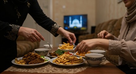a family sharing iftar meal with fries and tea while watching maghrib prayer on tv