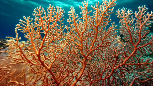 Vibrant Orange Gorgonian Coral in Blue Ocean Water Underwater Scene