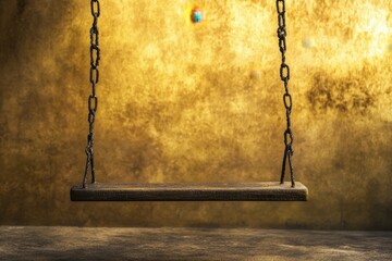 Hanging wooden swing with chains against a golden textured backdrop