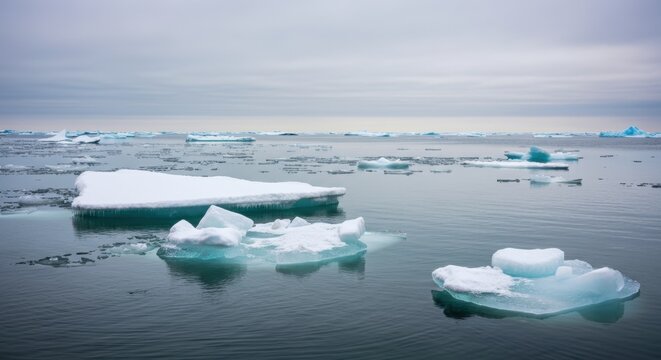 Tranquil arctic seascape with floating icebergs and calm waters