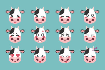 Cute cow character manga emoji set. Cow animal cartoon mascot emoji icons. Vector illustration