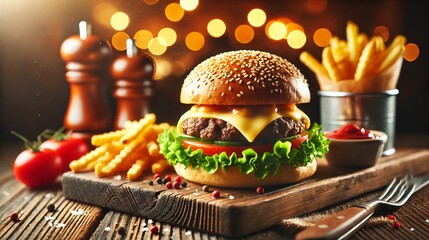 Gourmet beef burger with melted cheese, fresh lettuce, and crispy fries on a rustic wooden table.