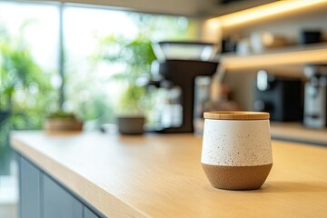 Coffee cup, cafe counter, plants, espresso machine, modern kitchen, beverage