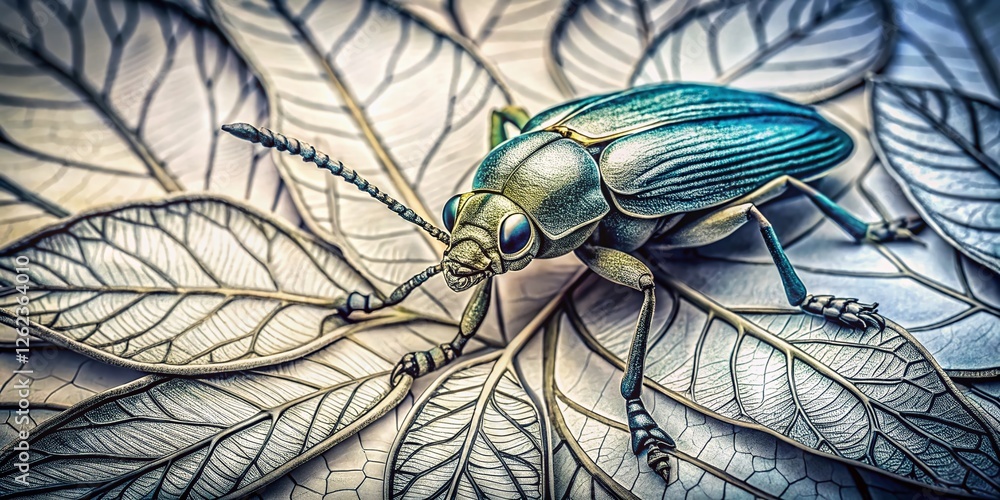 Poster minimalist graphite insect drawing on repeating leaf pattern stock photo